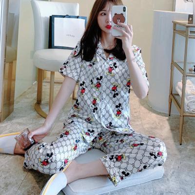 China Summer Breathable Hot Selling Pajamas Women Shorts Sheathed Shorts Ice Silk Cardigan Suit Women Slim Sleepwear for sale