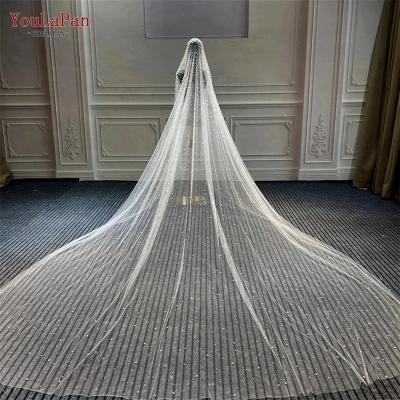 China New Lace Edge YouLaPan V139 Heavy Industry Bridal Pearl Veil Luxury Beaded Veil Tow Single Layer 5 Meters Long Wedding Veil for sale