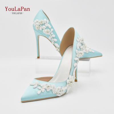 China YouLaPan A10 Girls Romantic Blue Satin 10CM Handmade Romance Light Luxury Pearls Party Bridal Wedding High Heels Shoes for sale