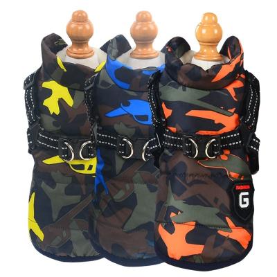 China Amazon Stocked Wholesale Pet Supplier Hot Dog Cotton-Padded Warm Clothes Vest Camouflage Dog Jacket With Back Chest Pull for sale