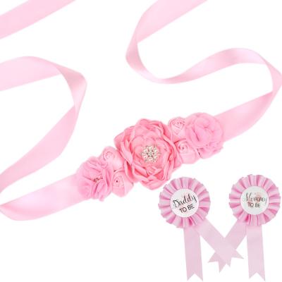 China High Tenacity Maternity Sash Dad and Mom Corsage Ribbons Awards Set, Pregnancy Sash Keepsake Baby Shower Flower Belly Sash for sale