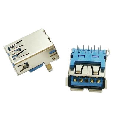 China PCB Type USB 3.0 One Female Connector DIP PBT Right Angle Blue Gold Lightning With Body Length 16.7MM for sale