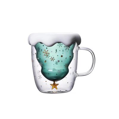 China Viable Double Wall Cup Christmas Tree Snowflake Glass Coffee Juice Mug Christmas Gift for sale