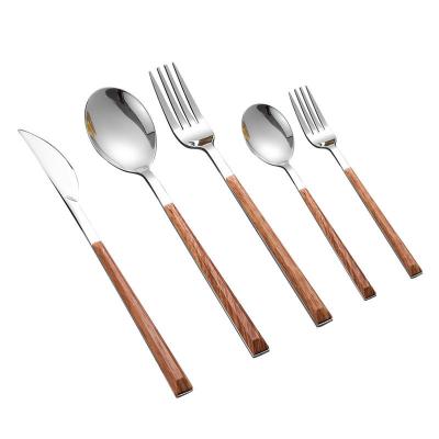 China Sustainable Western Steak Table Knife Fork Spoon Dessert Fork Cutlery Set Tableware Set With Imitation-Wood Handle for sale