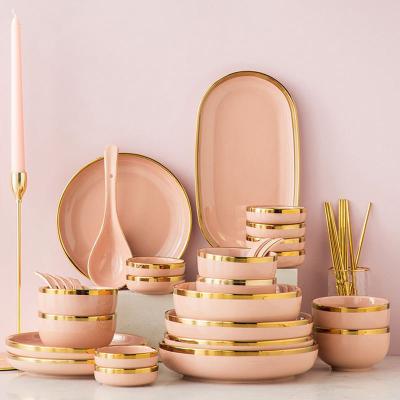 China Sustainable Modern Style 29 Pcs 2/4 Person Use Dinnerware Sets Elegant Pink Porcelain Dinnerware Set Dish For Restaurant Hotel for sale