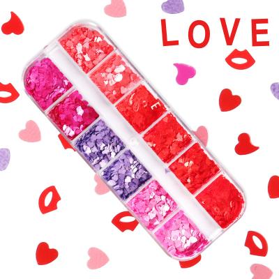 China Popular Nail Tips Valentine Gift Nail Lips Hollowed Out Heart Shaped Sequins Nail Glitter Decorations for sale