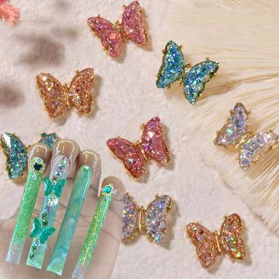 China Popular 3D Nail Tips Glitter Aurora Rhinestone Luxury Nail Art Charm Beautiful Girls Gem Designs Nail Butterfly Press On Tips Decoration for sale