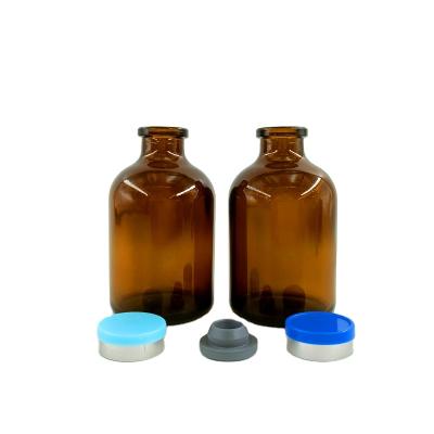 China Wholesale Medical Pharmaceutical Injection Veterinary Injection Product Packaging 100ml Veterinary Amber Glass Bottle With Rubber Stopper Aluminum Plastic Cap for sale