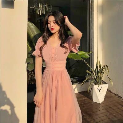 China New Summer French Niche Dress Washable Women V Collar High Waist Gauze Dress for sale