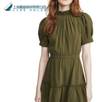 China Fashion Anti-Static Trend New Arrival Ladies Casual Mini Green Puff Sleeve Ruffle Pleated Dress for sale