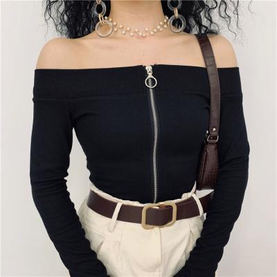 China Brand New Simplicity Casual Anti-Pilling Shorts Knitting Off The Shoulder Ladies Fashion Long Sleeve Crop Tops for sale