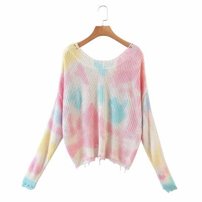 China Anti-wrinkle women's blouse tops ripped sweater for women tie dye alpaca angora sweater for sale