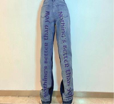 China Contrasting Straight-Leg Letter Print Wide-Leg Casual Loose Fashion Hip-Hop Hip-Hop Jeans Women Loose Anti-Static Pants for sale