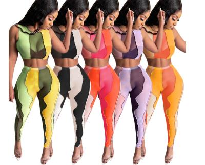 China 2021 Women Club Wear Color Block Illusion QUICK DRY Sexy Top And Pants 2 Pieces Mesh Set for sale