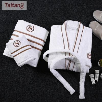 China Taitang QUICK DRY Hotel Linens White Terry Bath Robe Hotel Knee Length Bathrobe and Towel Set for sale