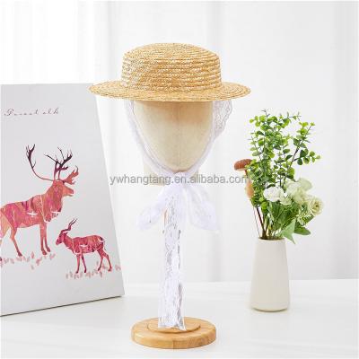 China Character flat top hat short low brim exotic lace tied straw hat for French pastoral photo tea hat for sale