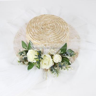 China Image flat surface top main short gutters hanging transparent gauze straw hat for dress rural realistic simulation wedding flower for sale