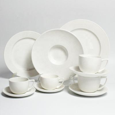 China China Sustainable Supplier High Quality Pottery Embossed 26 Pcs White Porcelain Dinnerware Set for sale