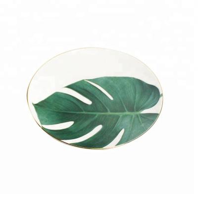 China Turned Hot Viable Shaped Green Leaf Decals Ceramic Christmas Breakfast Dish With Gold Rim for sale