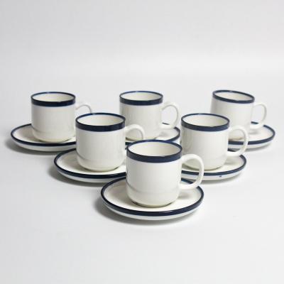 China Teaware Disposable New Product Eco Friendly Porcelain White Cup And Saucer With Blue Rim for sale