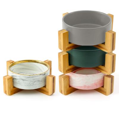 China Non-automatic ceramic pet bowl with ceramic holder cat food bowl wooden cat bowl for sale