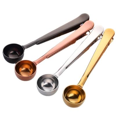 China Custom Stocked Logo Metal Coffee With Bag Clip Gold 2 In 1 Scoop Coffee Scoop for sale