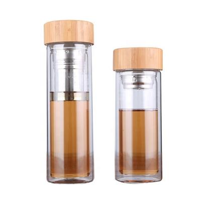 China 350ML 450ML Double Wall Sustainable Bamboo Lid Glass Water Bottle With Tea Infuser for sale