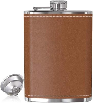 China 8Oz Wine Flask For Liquor And Funnel Leak Proof 18/8 Stainless Steel Pocket Hip Flask With Black Leather Cover for sale