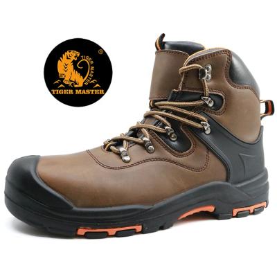 China Anti Slip Acid Oil Steel Toe Brown Leather Sole Proof Steel Rubber Heavy Duty Anti Toe Heat Puncture Safety Boots for sale