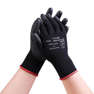 China Ergonomic design black color hides dirt and grime 13gauge black polyester knit shell cheap pu coated on palm / finger gloves general purpose working gloves for sale