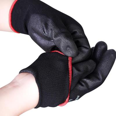 China Ergonomic design black color hides dirt and grime black 13gauge polyester coating PU coated working glove for sale