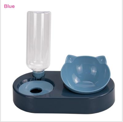 China Non-automatic 2 in 1 Cat Food Container Plate Double Bowl Automatic Vertical Feeder Puppy Pet Drinking Station Drinking Bottle for sale