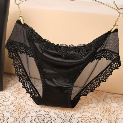 China Breathable Low Waist Embroidered Cavity Transparent Women Ice Silk Mesh Underwear Seamless Lace Thong Elastic Briefs for sale