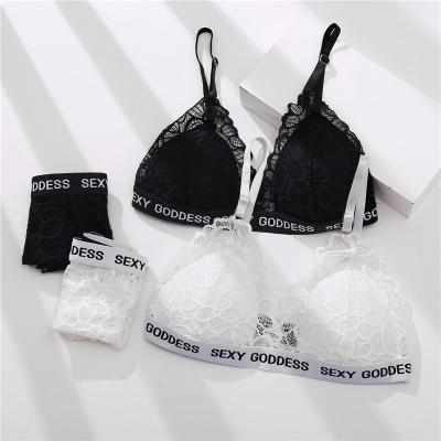 China QUICK DRY Custom Letter Logo Triangle Breathable Deep V Radio Padded Sexy Women's Lace Bra Panty Set for sale