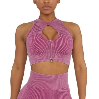 China New Antibacterial Sand Wash Yoga Wear Sportswear Gather Body Sports Seamless Bra With Zipper Front for sale