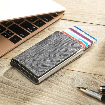 China Custom Hold Card Men Business Rfid Blocking Card Holder Wallet Smart Men ID Mini Aluminum Automatic Pop Up Card Holder Leather Metal for sale