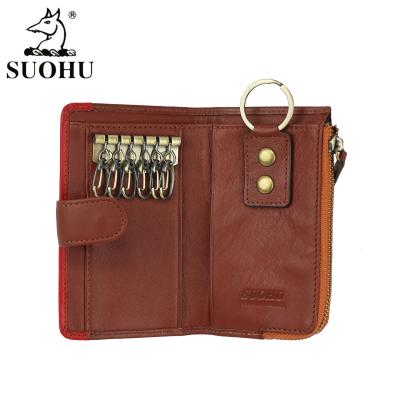 China SUOHU Vintage Custom Handmade Black Genuine Leather Wallet Card Holder Key Bag Leather Key Chain Holder for sale