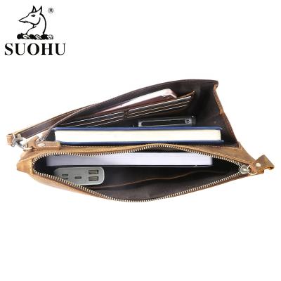 China Hot Wholesale Crazy Horse Luxury Fashion Business Men's Leather Zipper Wallet Business Hand Clutch Phone Holder Handbags Long for sale