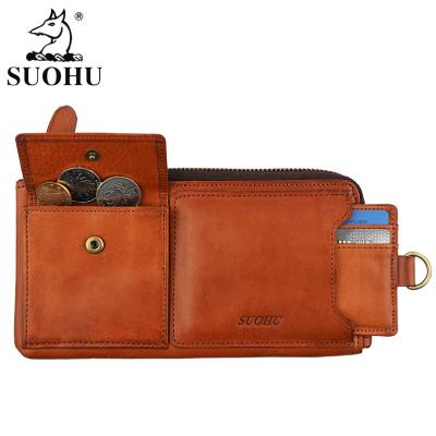 China OEM Genuine Leather RFID SUOHU Long Zipper Billetera De Hombre Minimalist Wallet Cartera Designer Wallets For Men for sale