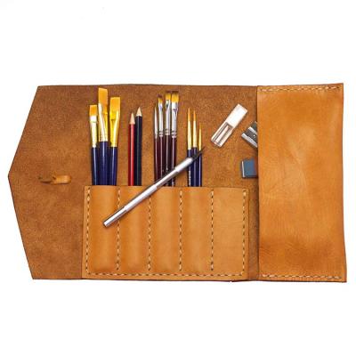 China Vintage Customized Genuine Leather Fashion Luxury Pencil Cases Roll Pen Bag For Stationery School Supplies Make Up Cosmetic Bag Holder for sale