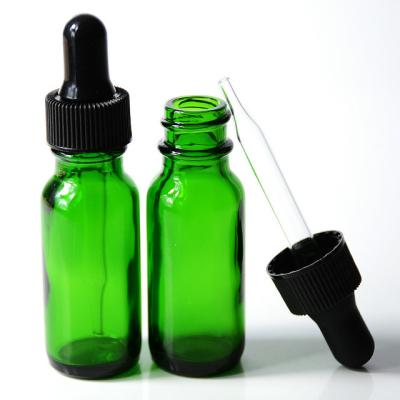 China Green 15ml Cosmetic Round Boston Glass Cosmetic Glass Bottle With Plastic Aluminum Dropper Bakelite Cap for sale