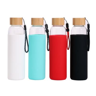 China Custom Viable Bamboo Water Cup Borosilicate Sleeve Silicone Lid Drinking Bottle Glass for sale