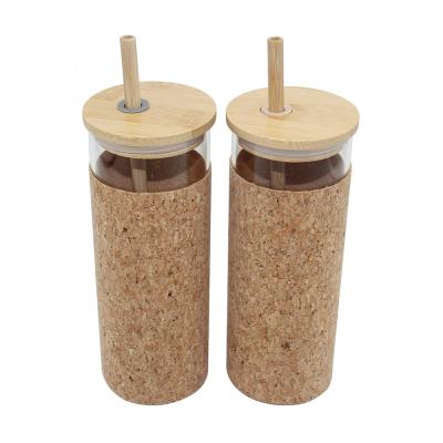 China Sustainable BPA Free Cork Sleeve Travel Mugs Glass Water Bottle Bamboo Lid Glass Tumbler With Straw for sale