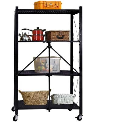 China Sustainable Mobile Iron 4-Tier Foldable Kitchen Shelving Standing Unit Shelves Metal Storage Folding Pantry Rack With Wheels for sale