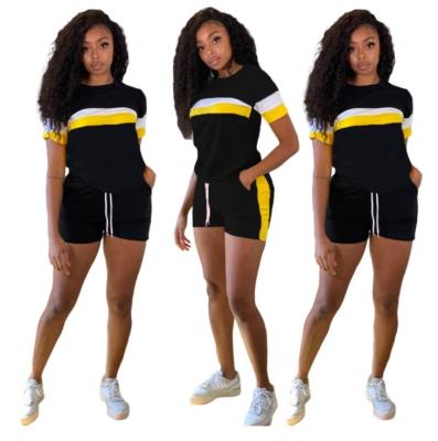 China Breathable Summer Tracksuit Patchwork T-shirt Tops With Drawstrings Shorts Casual Two Piece Shorts Set Women for sale