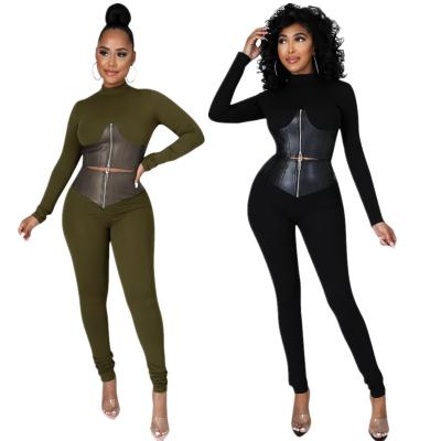 China Women Breathable Slim Pants Sets Sexy Club Outfits Fall Winter Solid Color Zipper Up Patchwork Women Two Piece Set Clothes for sale