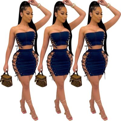 China 2022 Summer 2 Piece Main Sale Denim Suit Skirt QUICK DRY Hot Sets Sexy Club Party String Up Skirt Sexy Sleeveless Two Piece Set for sale