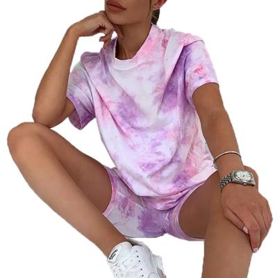 China 2022 QUICK DRY Wholesale Link Dye Print Summer Shorts Sleeve Tops Biker Streetwear Gear 2 Pieces Set Women Short Sets for sale