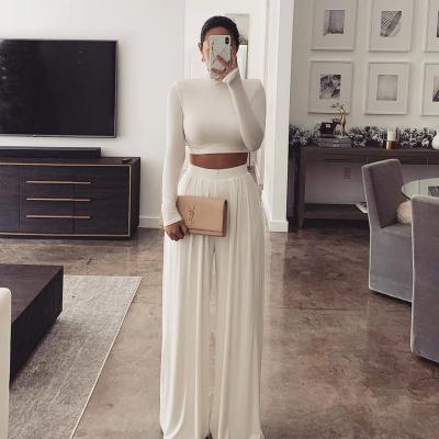 China Breathable Casual Elegant Solid White Autumn Two Piece Set Shorts Tops Wide Leg Pants Set Women for sale