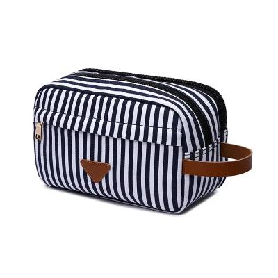 China Wholesale Custom Fashion Travel Women Bag OEM Checkered Striped Logo Shaving Cosmetic Toiletry Bag Metal Canvas Makeup Pouch Bag For Men for sale